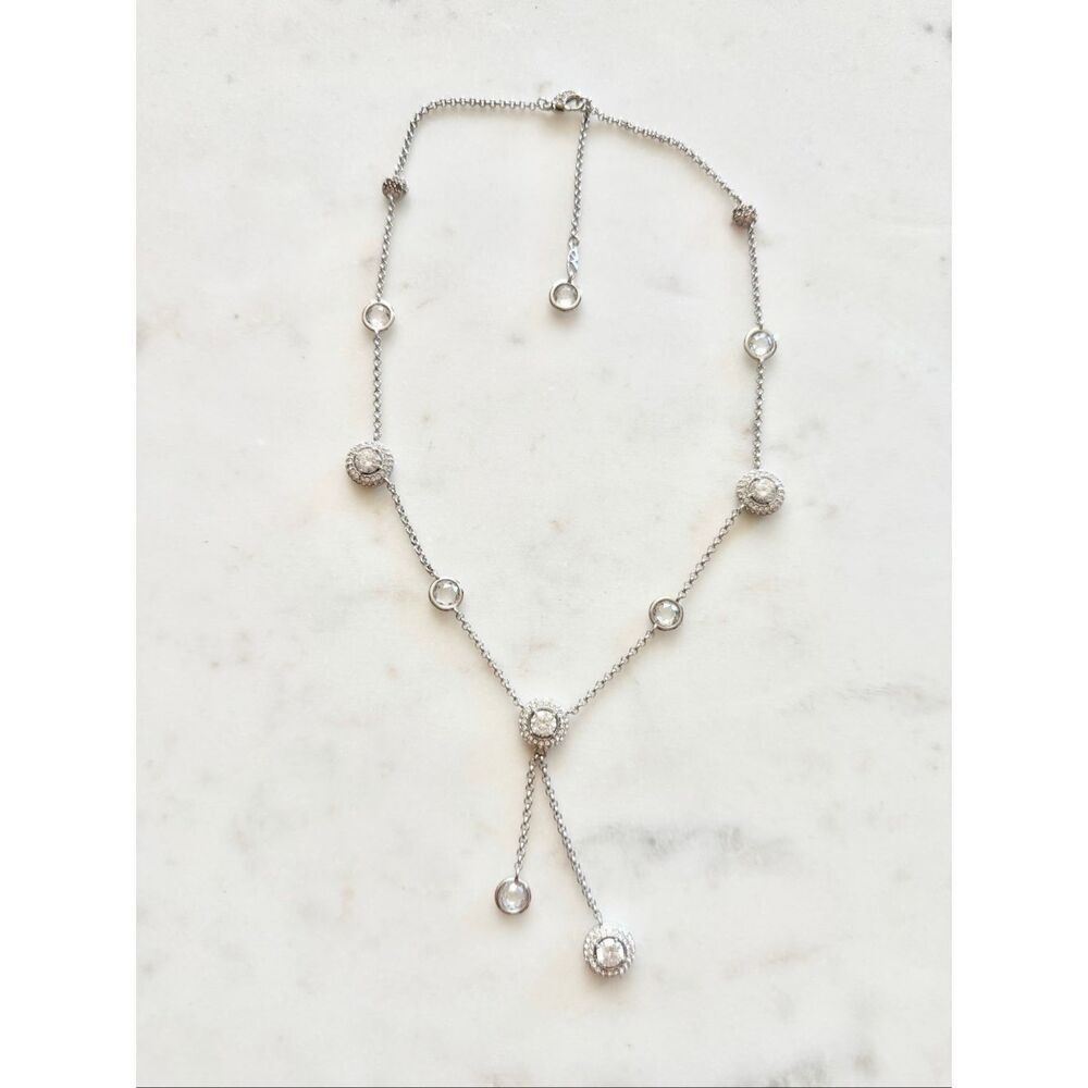 Nadri Silver-Tone Crystal Lariat Necklace | Pavé Halo Drop | Elegant ✨